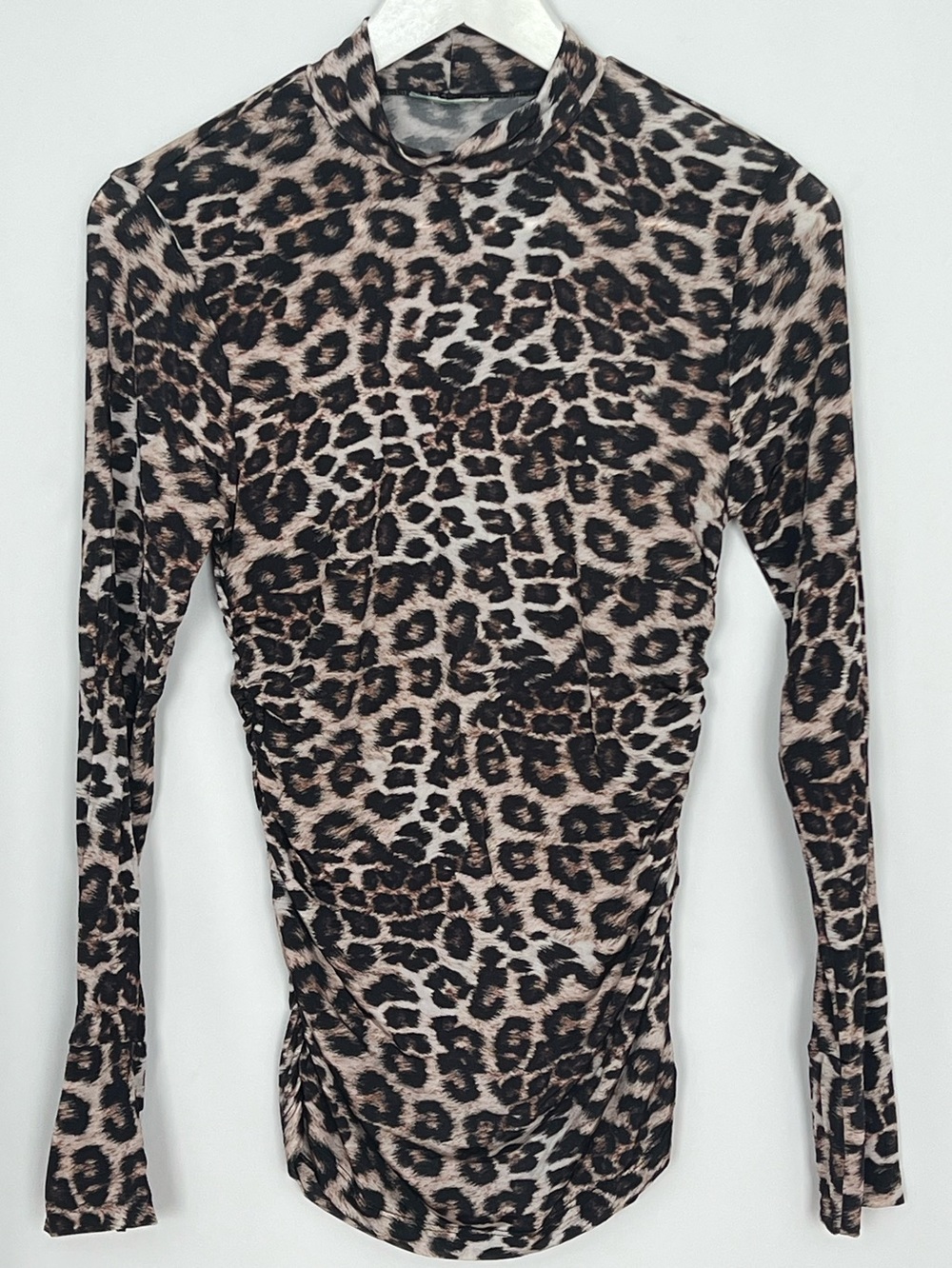 Farm Rio Leopard Jersey Mock Neck Ruched Top Natural Size S - Picture 3 of 7